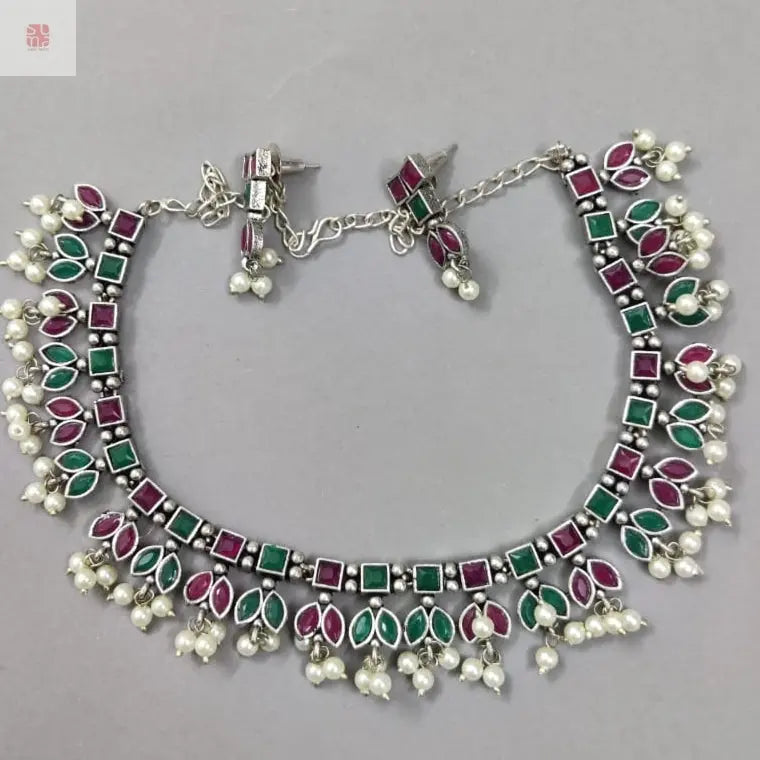Red and Green Stones German Silver Necklace Sets