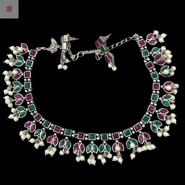 Red and Green Stones German Silver Necklace Sets