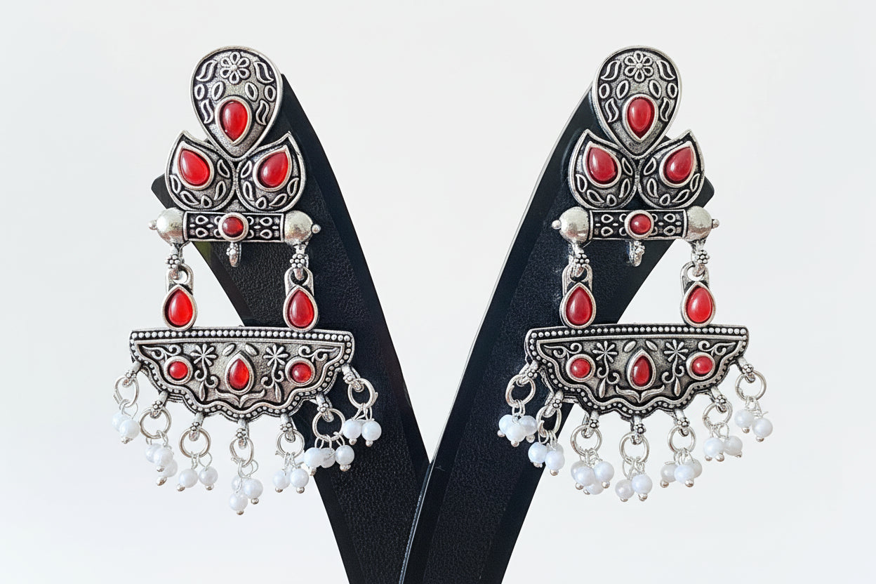Red Colour German Silver Earrings