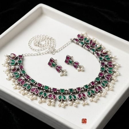 Red and Green Stones German Silver Necklace Sets