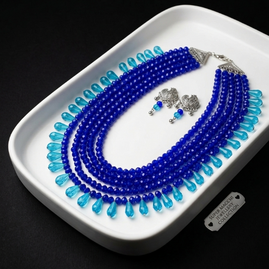Royal Blue Layered Beads Necklace Set with Silver Earrings