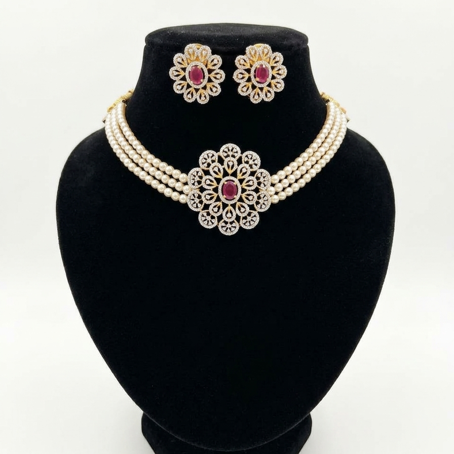 Ruby Stones and Uncut Diamond Look Pearl Choker Set
