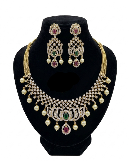 Ruby and Green Pearl Drop Gold Look-Alike Jewellery Set for Women