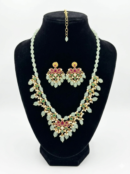 Mint Green Beads and Kundan Choker Necklace Set for Women