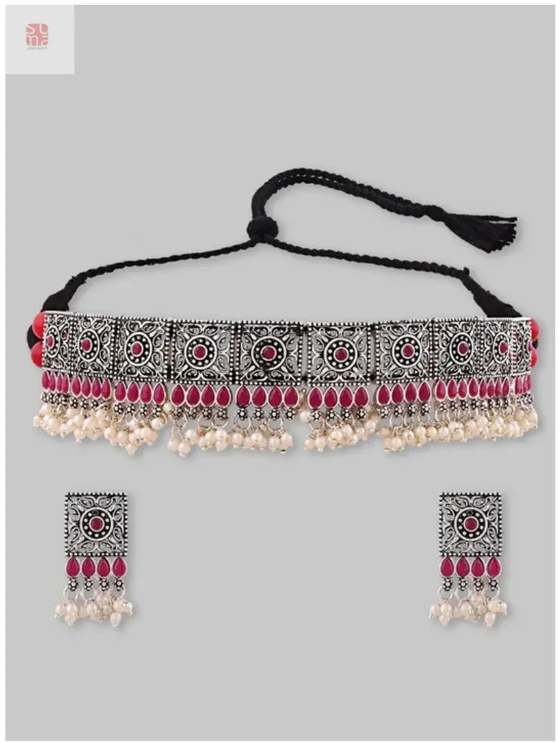Silver-Plated Maroon Stone Studded & Beaded Jewellery Set Supermacchi