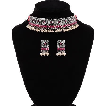 Silver-Plated Maroon Stone Studded & Beaded Jewellery Set for Women | Elegant Ethnic Necklace Set with Earrings | Party & Wedding Jewellery | Super Macchi