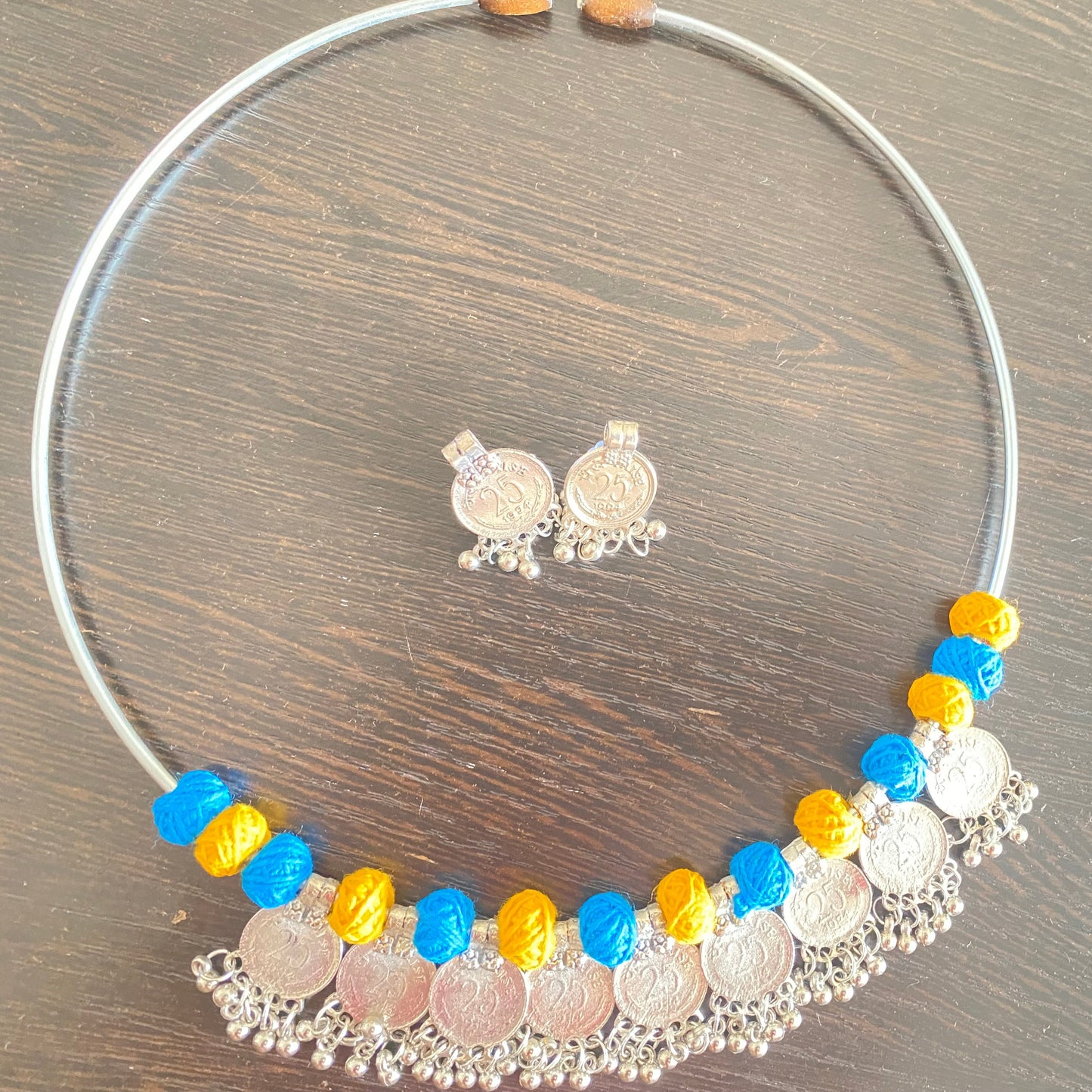 Silver Coin Choker Necklace Set with Blue and Yellow Thread Beads