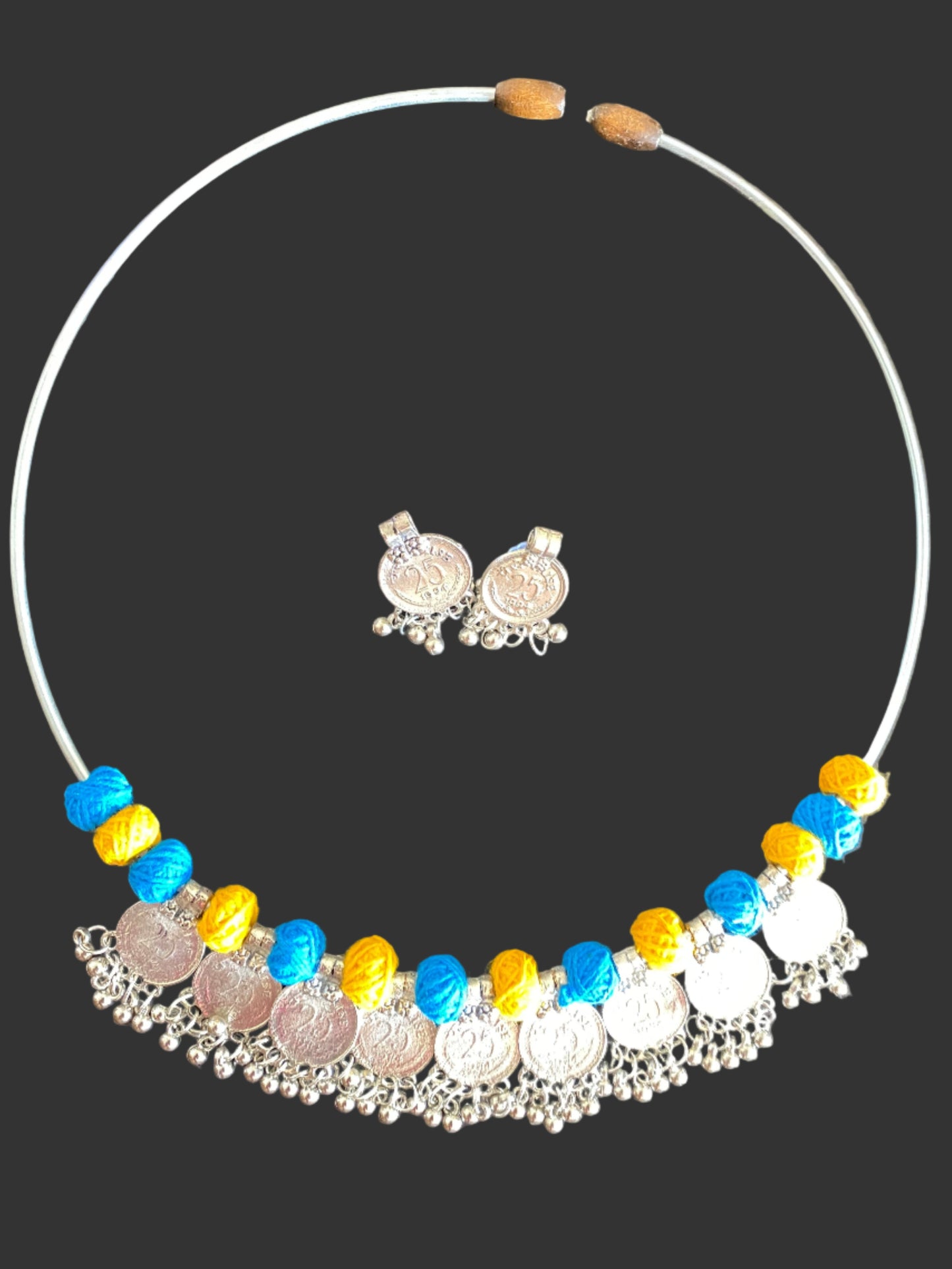Silver Coin Choker Necklace Set with Blue and Yellow Thread Beads1