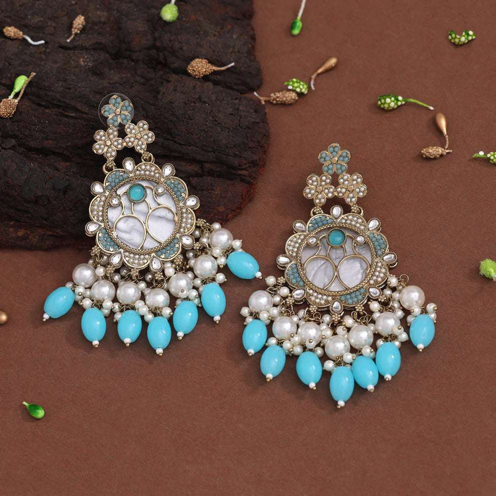 Sky Blue Color Pearl Kundan Earrings - Supermacchi Jewellery Collections