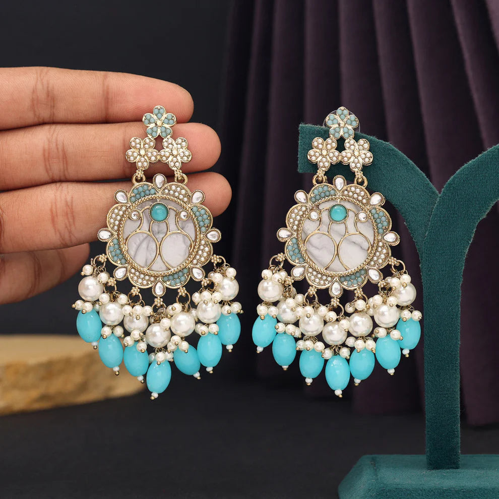 Sky Blue Color Pearl Kundan Earrings - Supermacchi Jewellery Collections