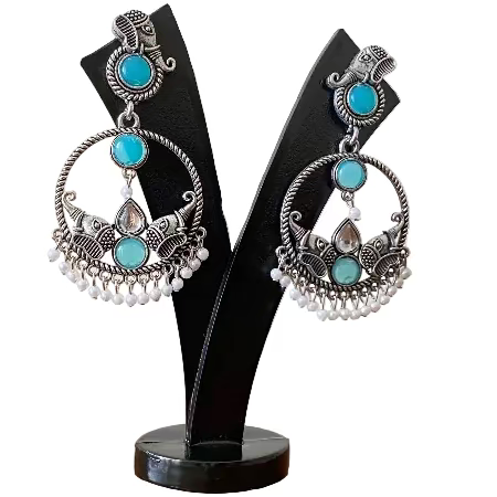 Turquoise Stone Elephant Theme Oxidised Hoop Earrings
