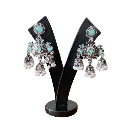 Turquoise Stone Oxidized Silver Jhumka Earrings