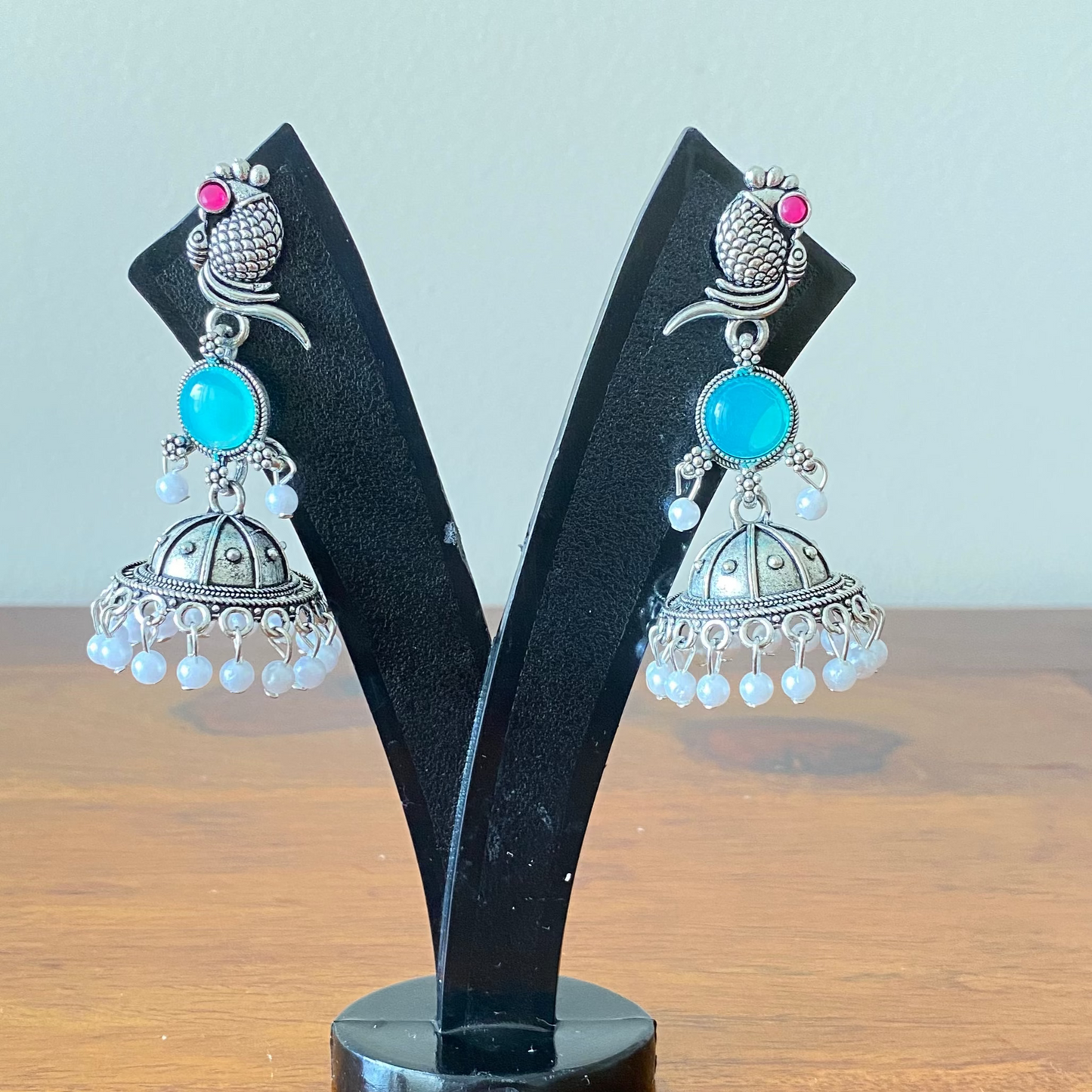 Turquoise Stones Peacock Jhumkas