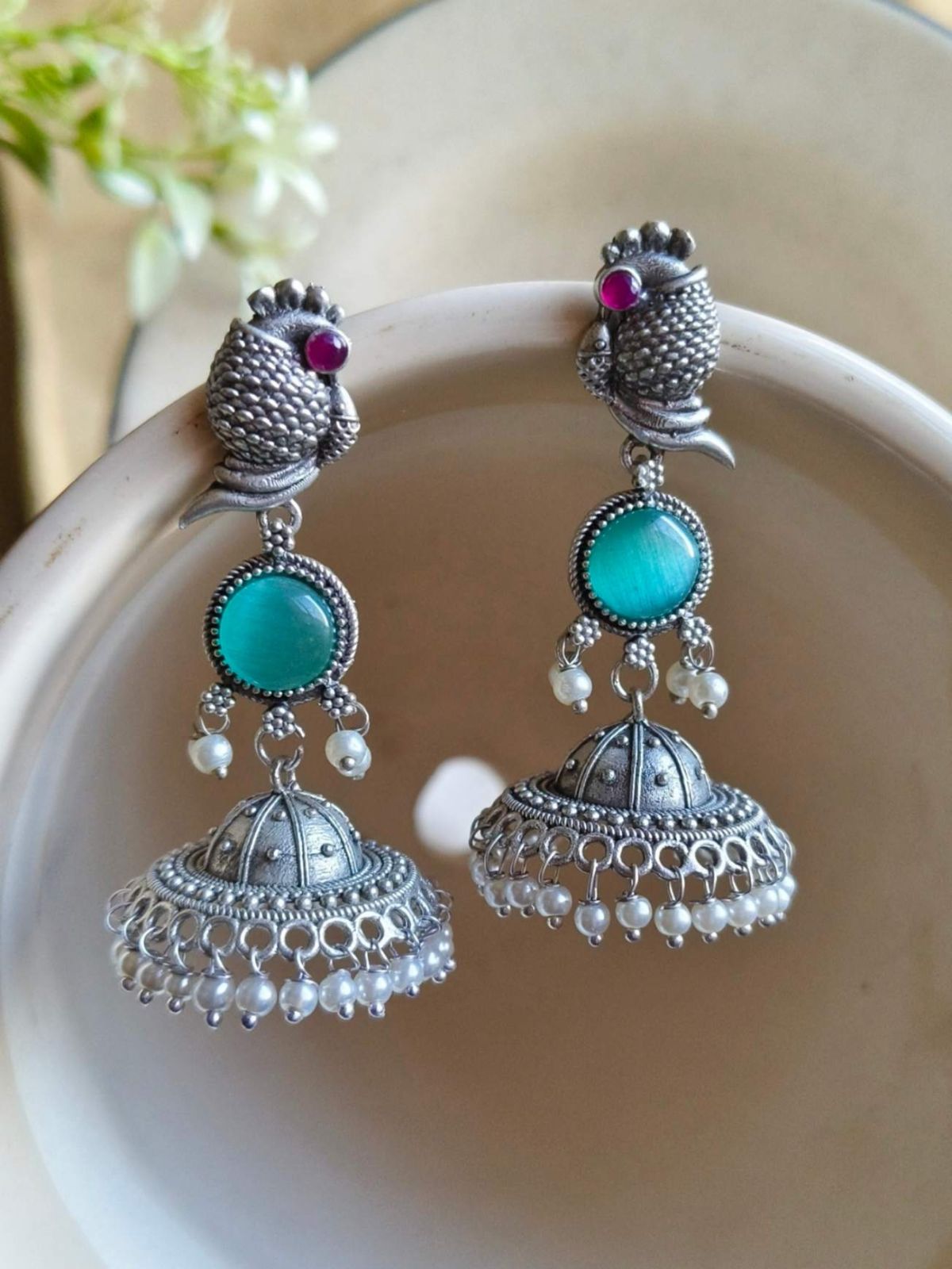 Turquoise Stones Peacock Jhumkas