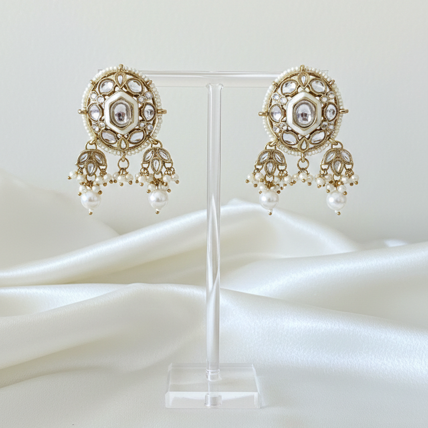 White Kundan and Pear Earrings