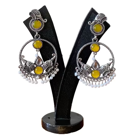 Yellow Stones Elephant Theme Oxidised Hoop Earrings