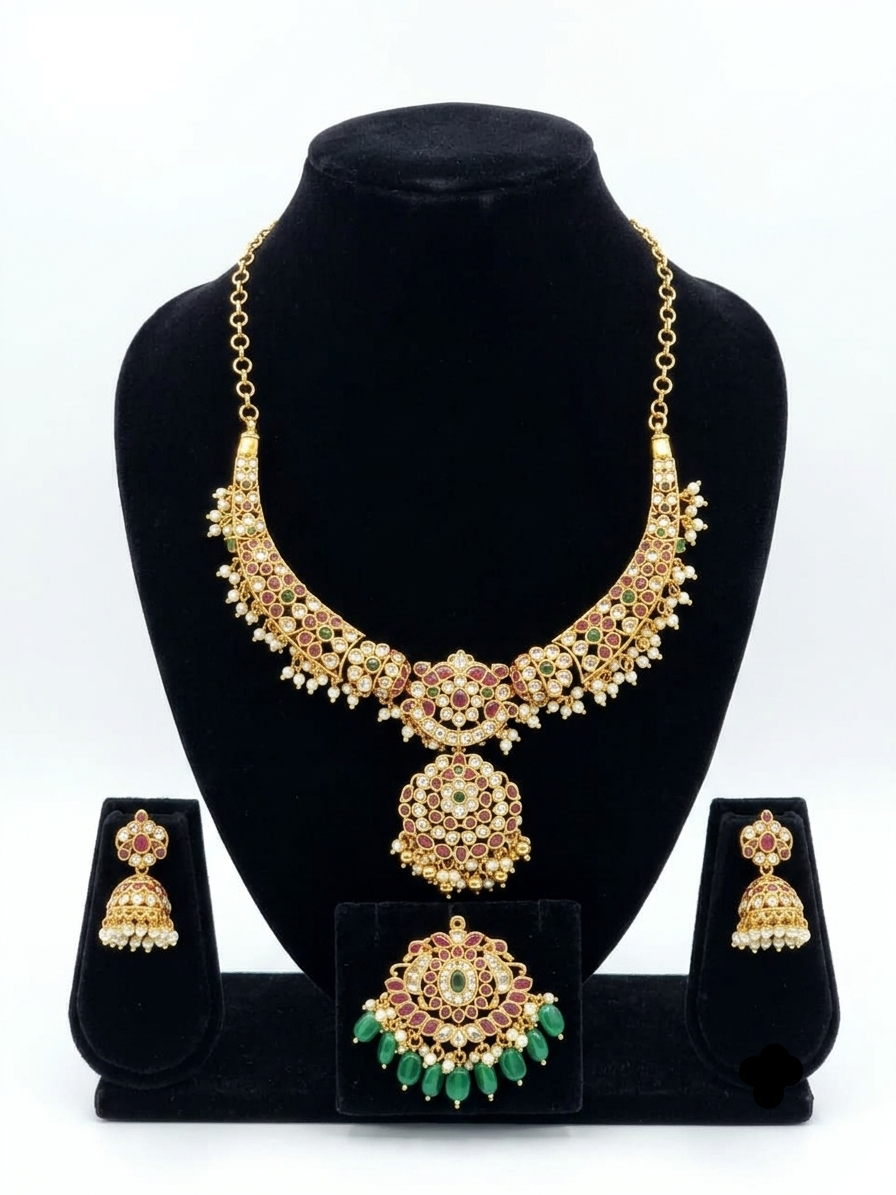 2 Detachable Pendants Kanti Jadau Gold Look-Alike Guthapusalu Necklace Set with Matching Earrings for Women | Premium South Indian Jewellery | Super Macchi