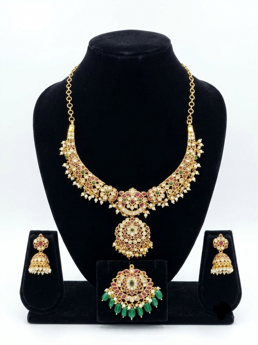 2 Detachable Pendants Kanti Jadau Gold Look-Alike Guthapusalu Necklace Set with Matching Earrings for Women | Premium South Indian Jewellery | Super Macchi