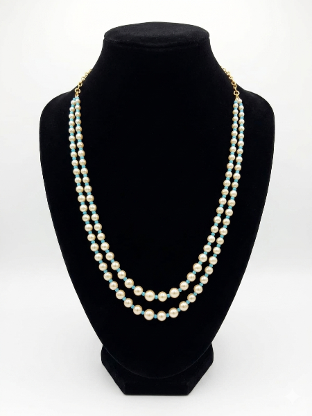 2 Layered White and Sky Blue Beads Necklace for Women 