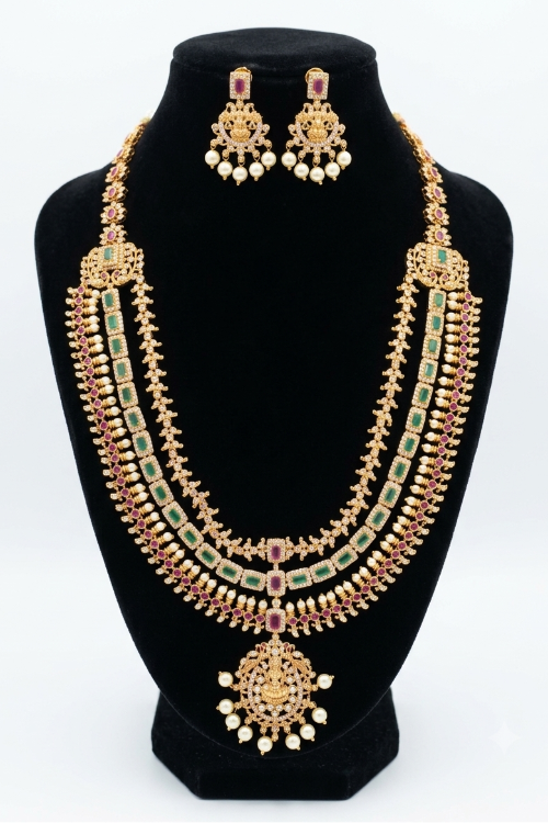 3 Layered Gold Look Ruby and Emerald Necklace Set