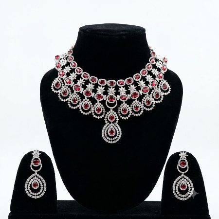 4 Layer American Diamond and Red Rubies Jewelry Set for Women – Premium Bridal AD Jewellery | Super Macchi