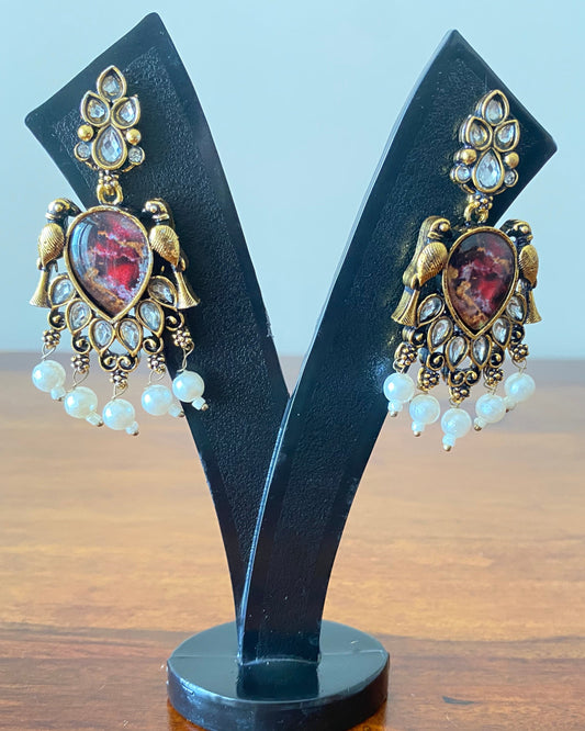 Antique Bird Motif Pearl Drop Earrings 1