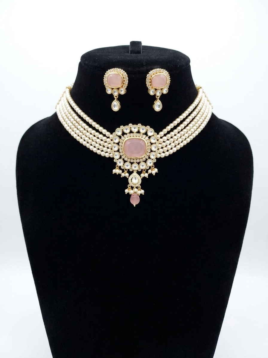 Baby Pink Moissanite Stone Pearl Choker Set