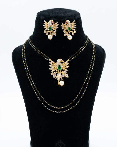 Black Beads Mangalsutra with Peacock Locket and Earrings