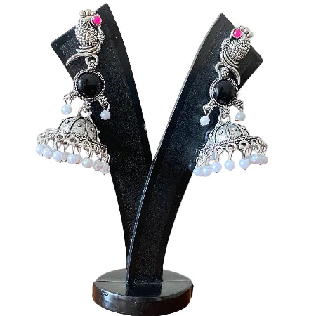 Black Color Peacock Shaped Oxidized Silver Jhumka Earrings