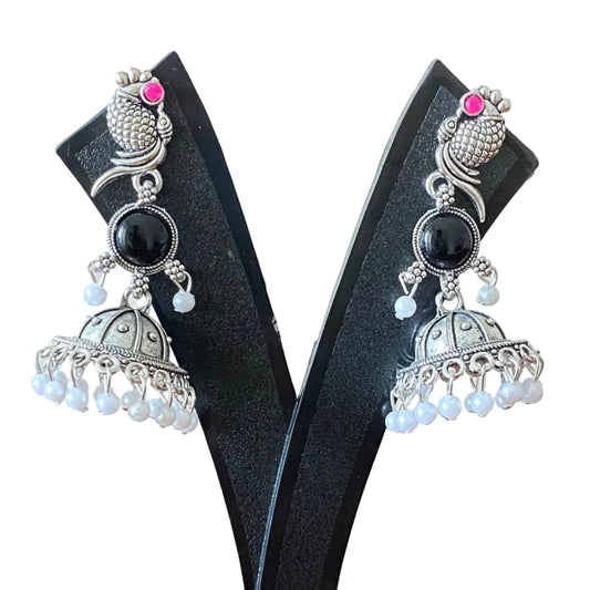 Black Color Peacock Shaped Oxidized Silver Jhumka Earrings