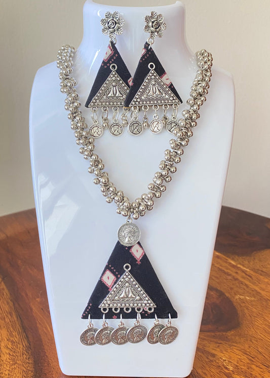 Black Fabric Oxidised Necklace Set 