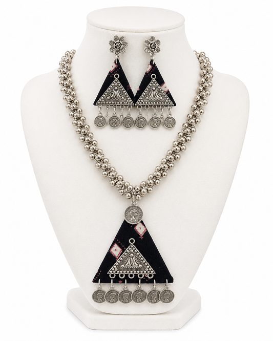 Black Fabric Oxidised Necklace Set - Super Macchi Jewellery Collections