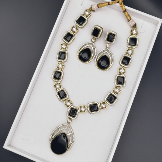 Black Stone American Diamond Statement Necklace Set