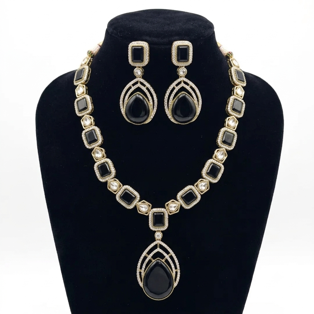 Black Stone American Diamond Statement Necklace Set