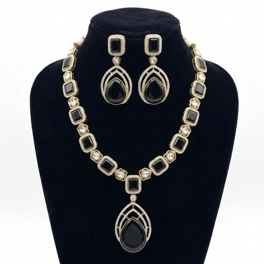 Black Stone American Diamond Statement Necklace Set
