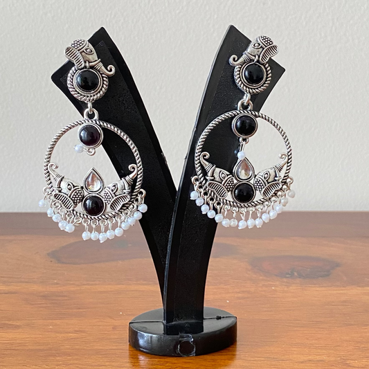 Black Stones Elephant Theme Oxidised Earrings