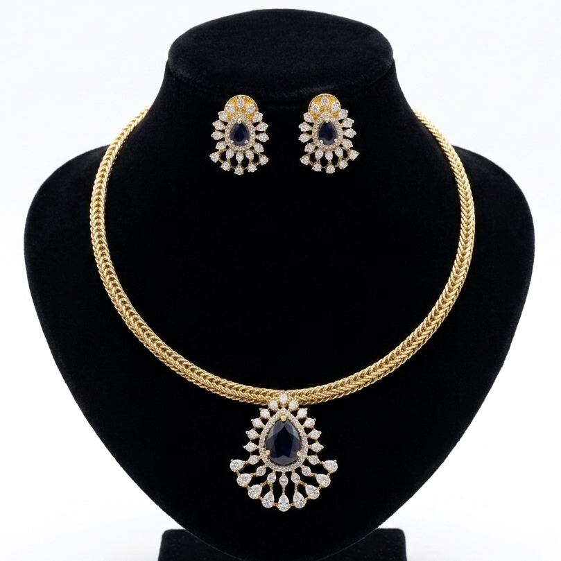 Blue Stone Pendant kanti Necklace Set with Matching Earrings