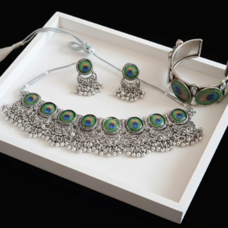 Boho Peacock Jewelry set including necklace, earrings, and bracelet