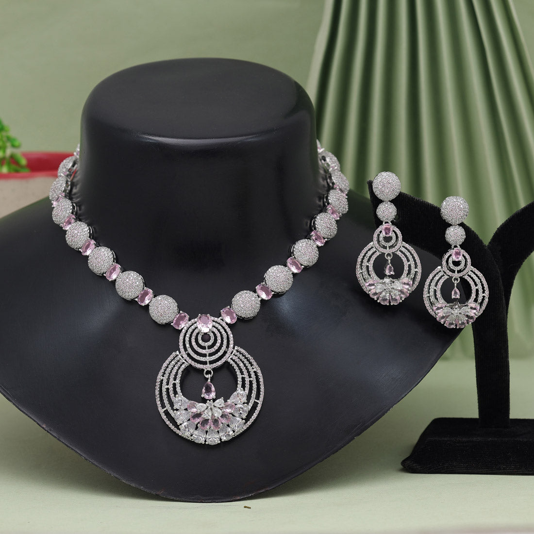 Pink Color American Diamond Necklace Set