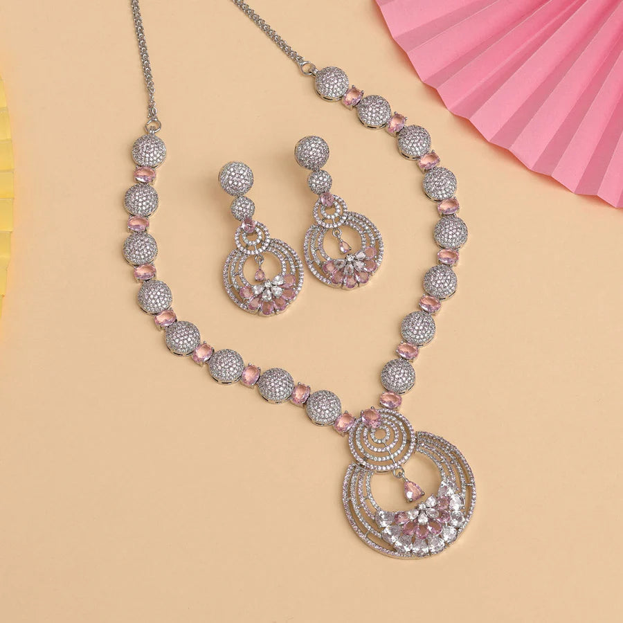 Pink Color American Diamond Necklace Set