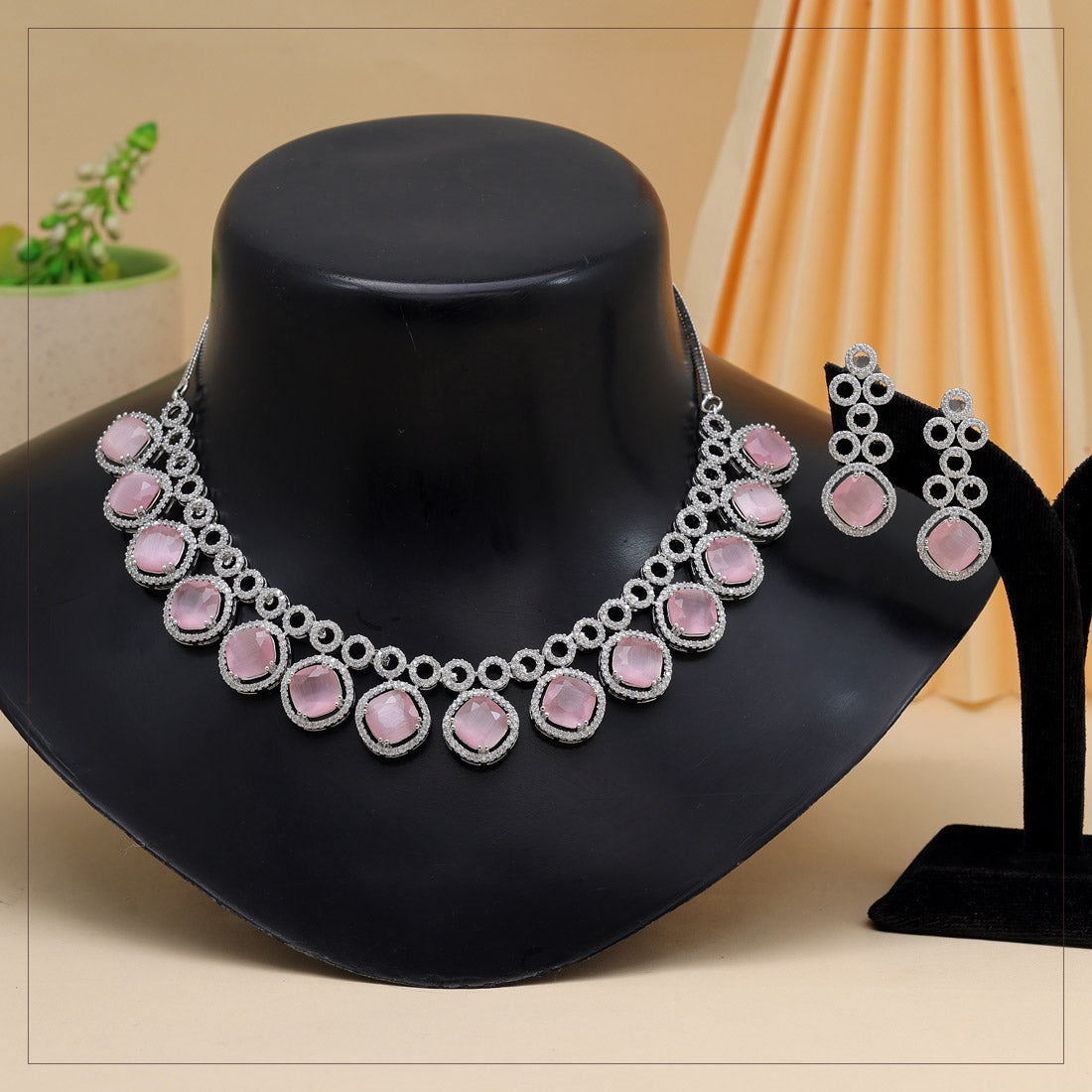 Pink Color American Diamond Necklace Set