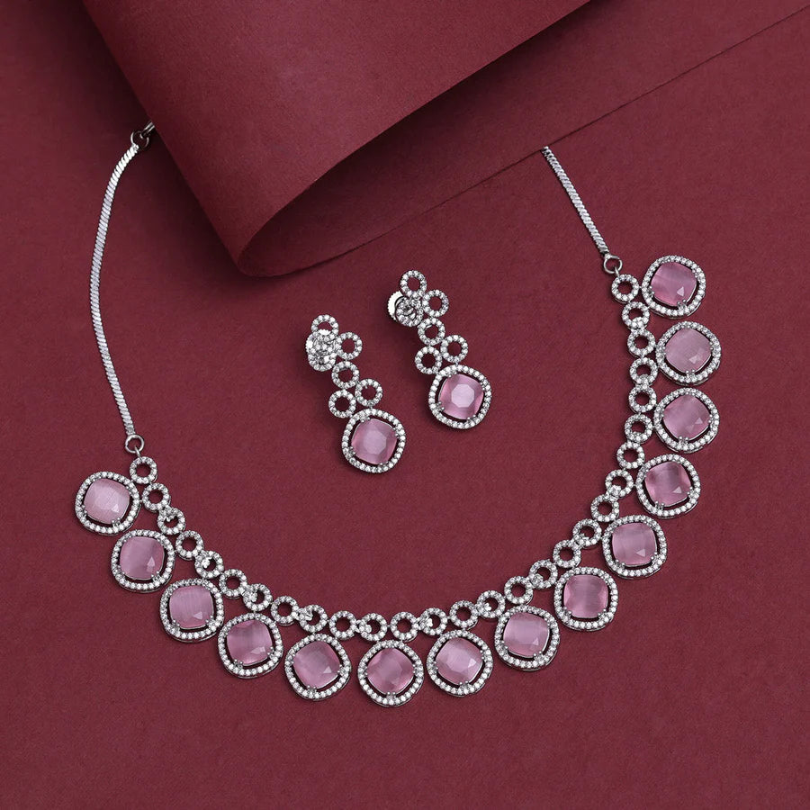 Pink Color American Diamond Necklace Set