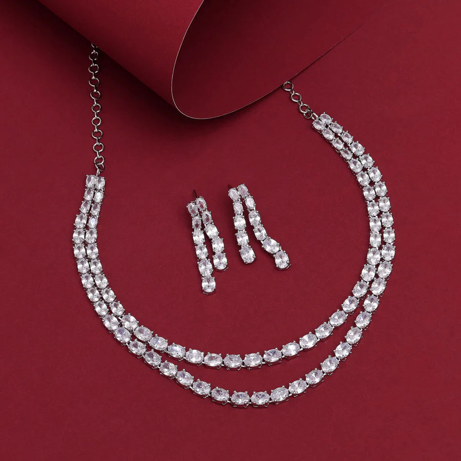 Silver Color American Diamond Necklace Set