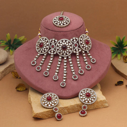 Dark Pink Choker Kundan Necklace Set