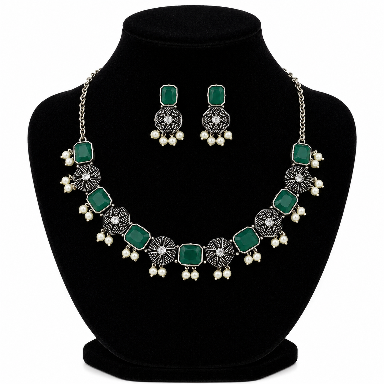 Dark Green Colour German Silver Choker Set