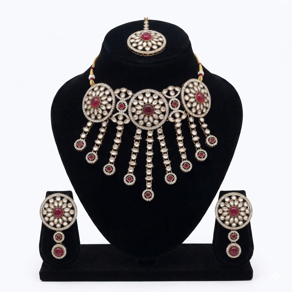 Dark Pink Choker Kundan Necklace Set