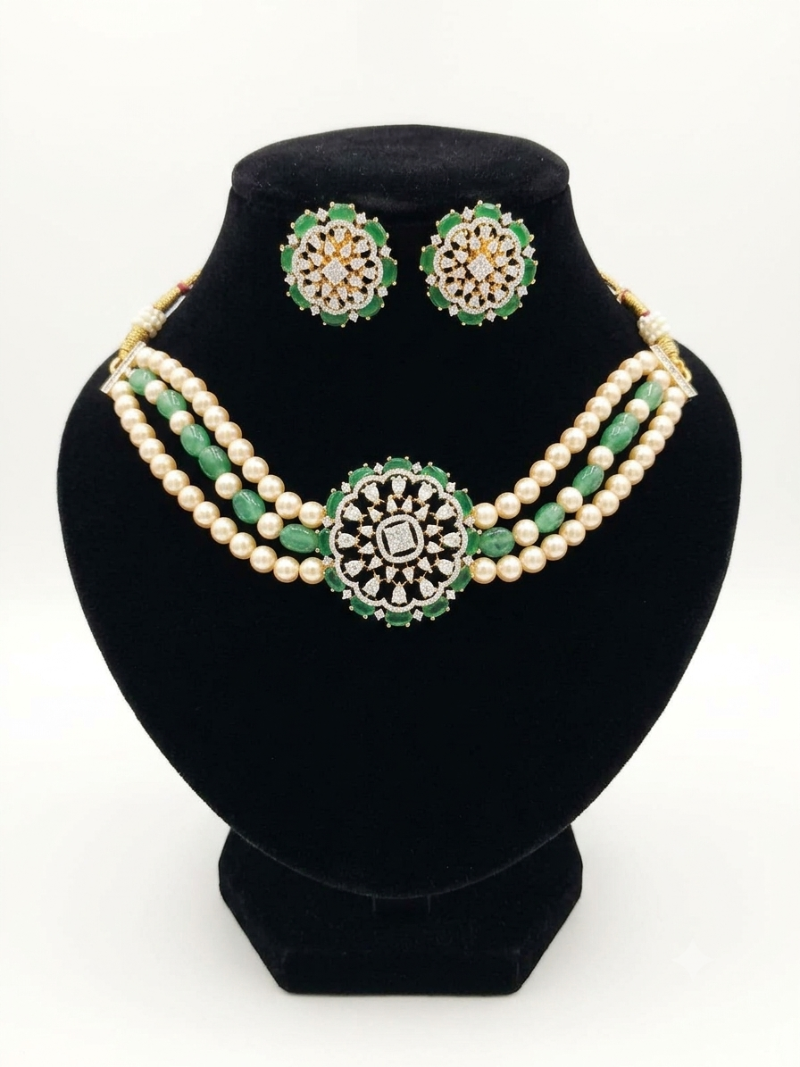 Designer Customized Uncut Diamond Look Emerald Stone and Pearl Choker Set