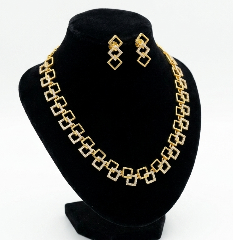 Designer Dual Tone Square Necklace Set – Geometric Gold and Silver AD Jewellery
