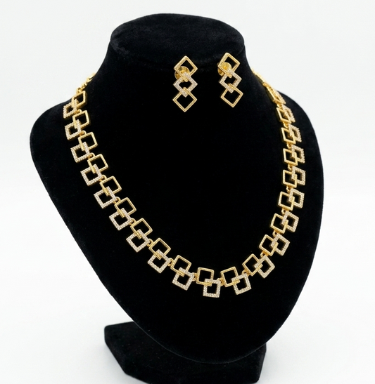 Designer Dual Tone Square Necklace Set – Geometric Gold and Silver AD Jewellery