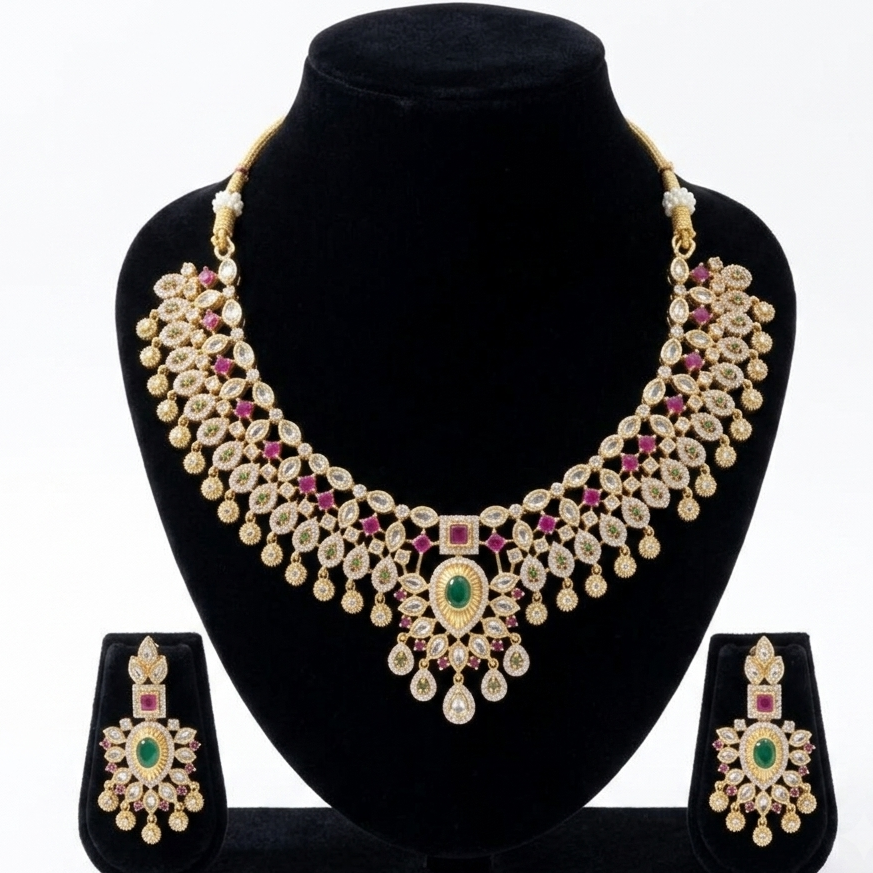 Designer Gold Look Alike Designer Jewellery Set with CZ Rubies and Pearls